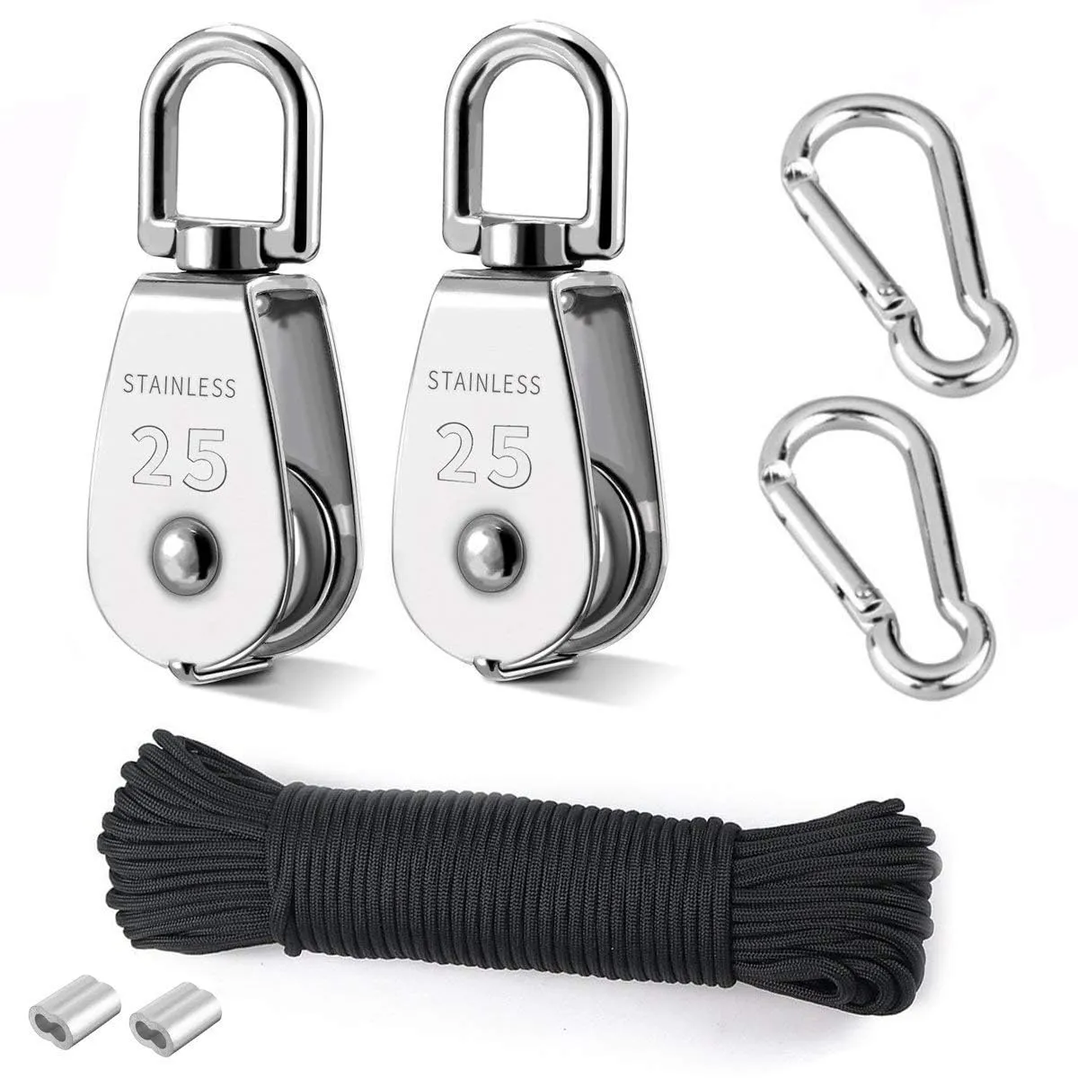 TooTaci 25MM Pulley System, 2 Pcs M25 Pulleys Block with Rope and Hooks, Stainless Steel M25 Single Pulley Wheel, 66ft Nylon Rope & Spring Snap Hook for Indoor Outdoor Lifting Project