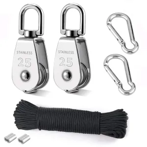 TooTaci 25MM Pulley System, 2 Pcs M25 Pulleys Block with Rope and Hooks, Stainless Steel M25 Single Pulley Wheel, 66ft Nylon Rope & Spring Snap Hook for Indoor Outdoor Lifting Project
