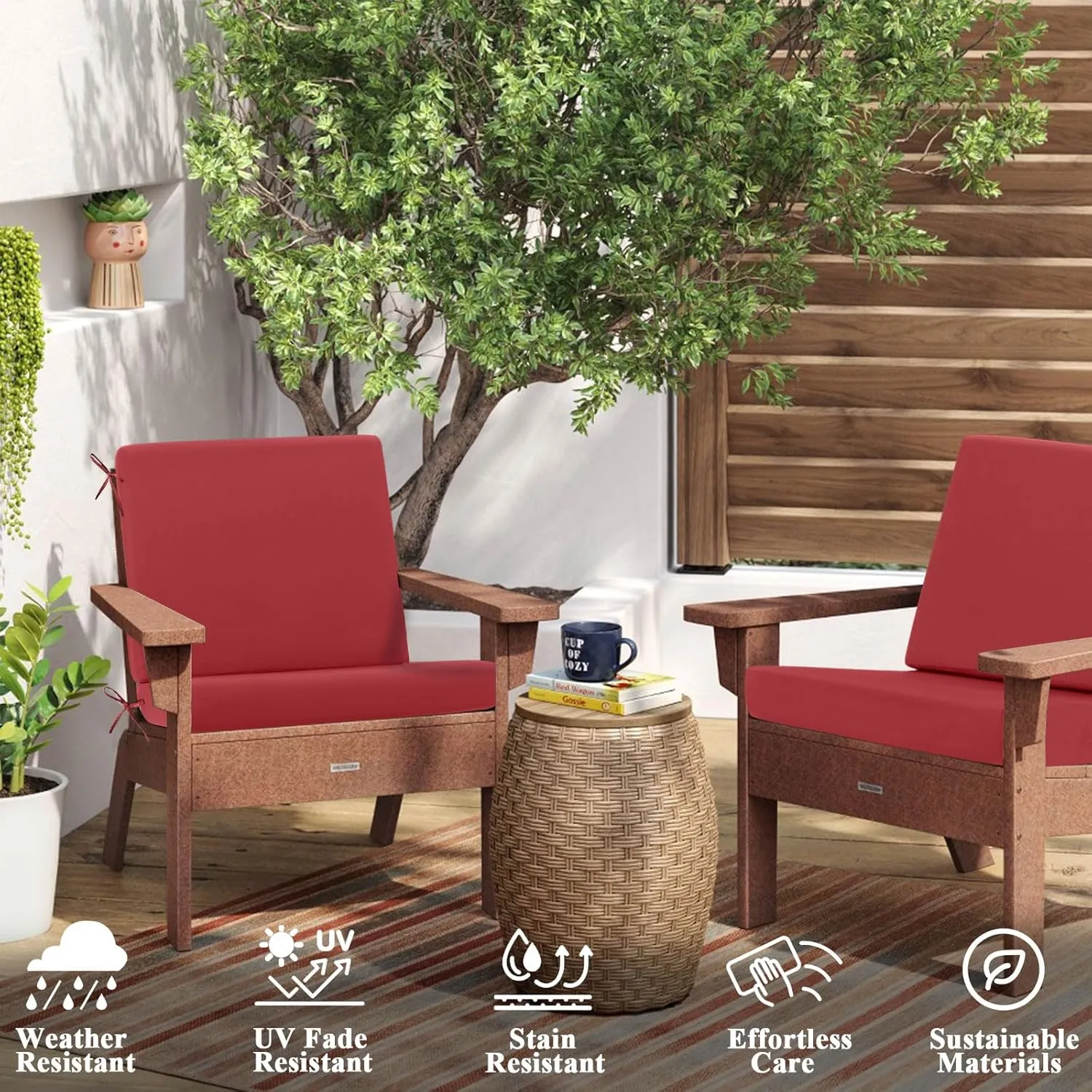 Topotdor Outdoor Deep Seat Cushion Set,Waterproof Outdoor Chair Cushions and Back Cushion for Patio Furniture with Fade Resistant Removable Cover with Adjustable Straps,22"x22"x4" Red