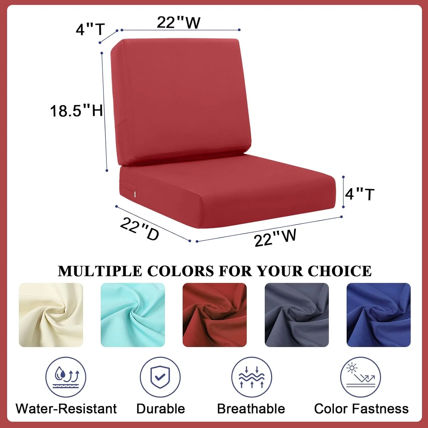 Topotdor Outdoor Deep Seat Cushion Set,Waterproof Outdoor Chair Cushions and Back Cushion for Patio Furniture with Fade Resistant Removable Cover with Adjustable Straps,22"x22"x4" Red