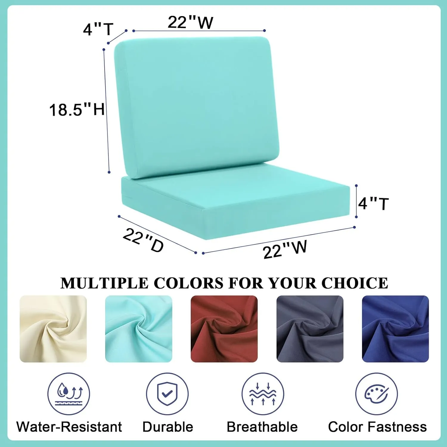 Topotdor Outdoor Deep Seat Cushion Set,Waterproof Outdoor Chair Cushions and Back Cushion for Patio Furniture with Fade Resistant Removable Cover with Adjustable Straps,22"x22"x4" Teal