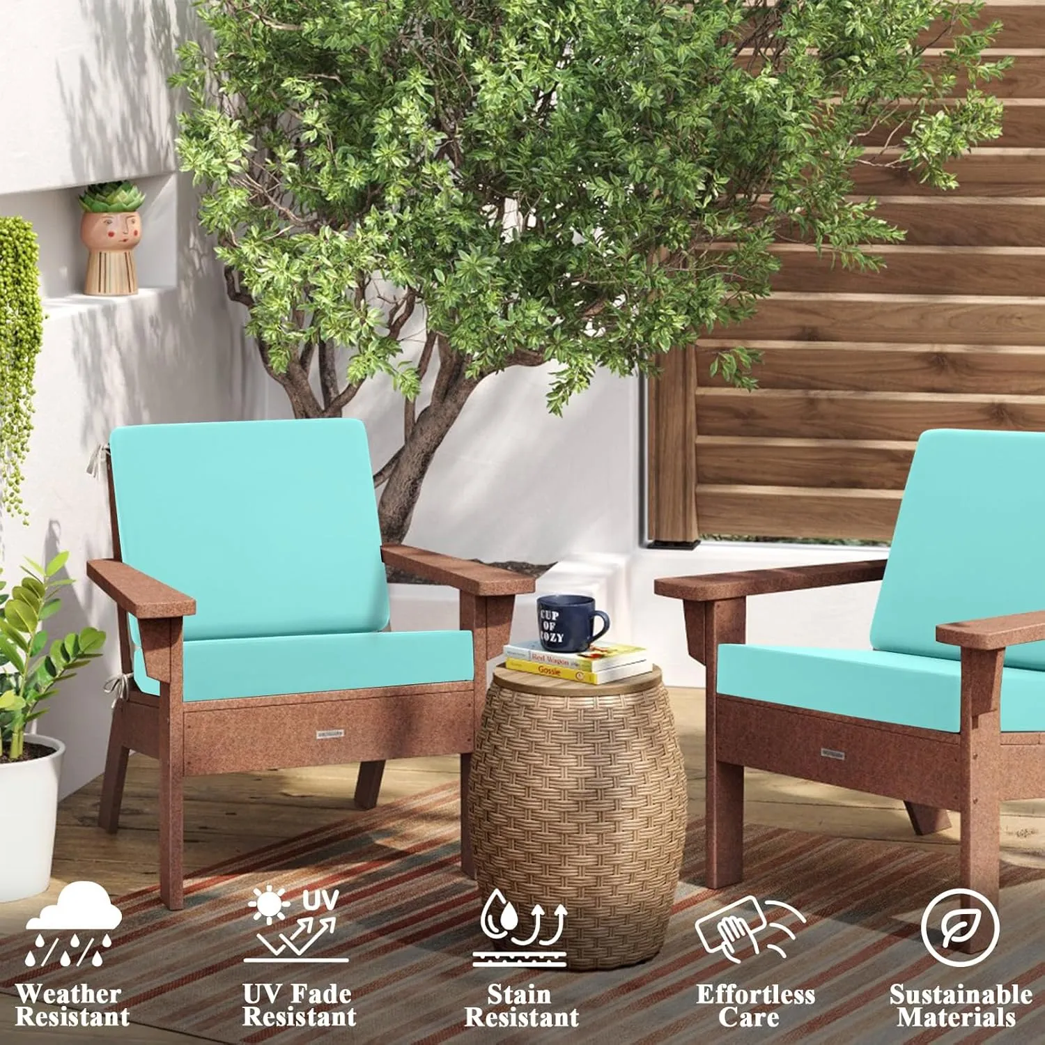 Topotdor Outdoor Deep Seat Cushion Set,Waterproof Outdoor Chair Cushions and Back Cushion for Patio Furniture with Fade Resistant Removable Cover with Adjustable Straps,22"x22"x4" Teal
