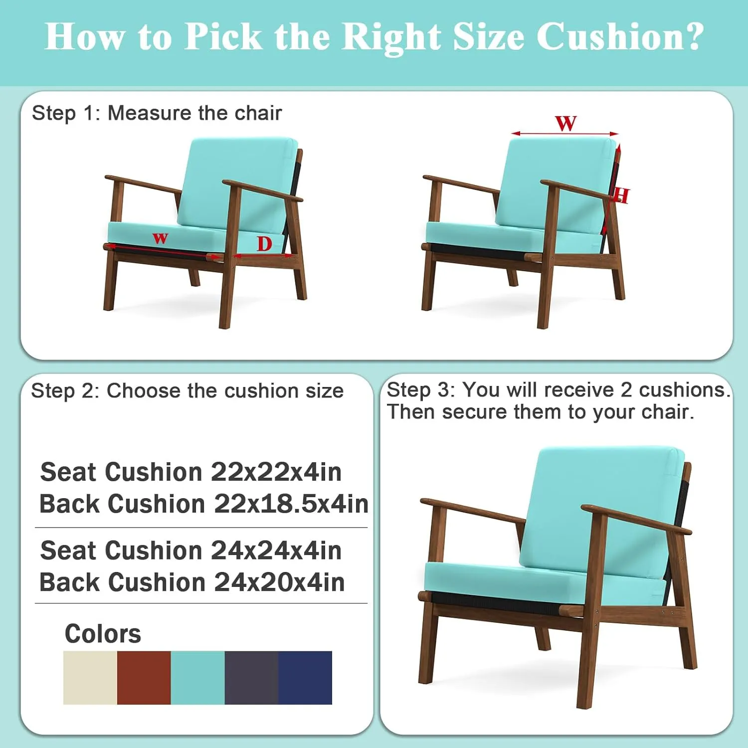 Topotdor Outdoor Deep Seat Cushion Set,Waterproof Outdoor Chair Cushions and Back Cushion for Patio Furniture with Fade Resistant Removable Cover with Adjustable Straps,22"x22"x4" Teal
