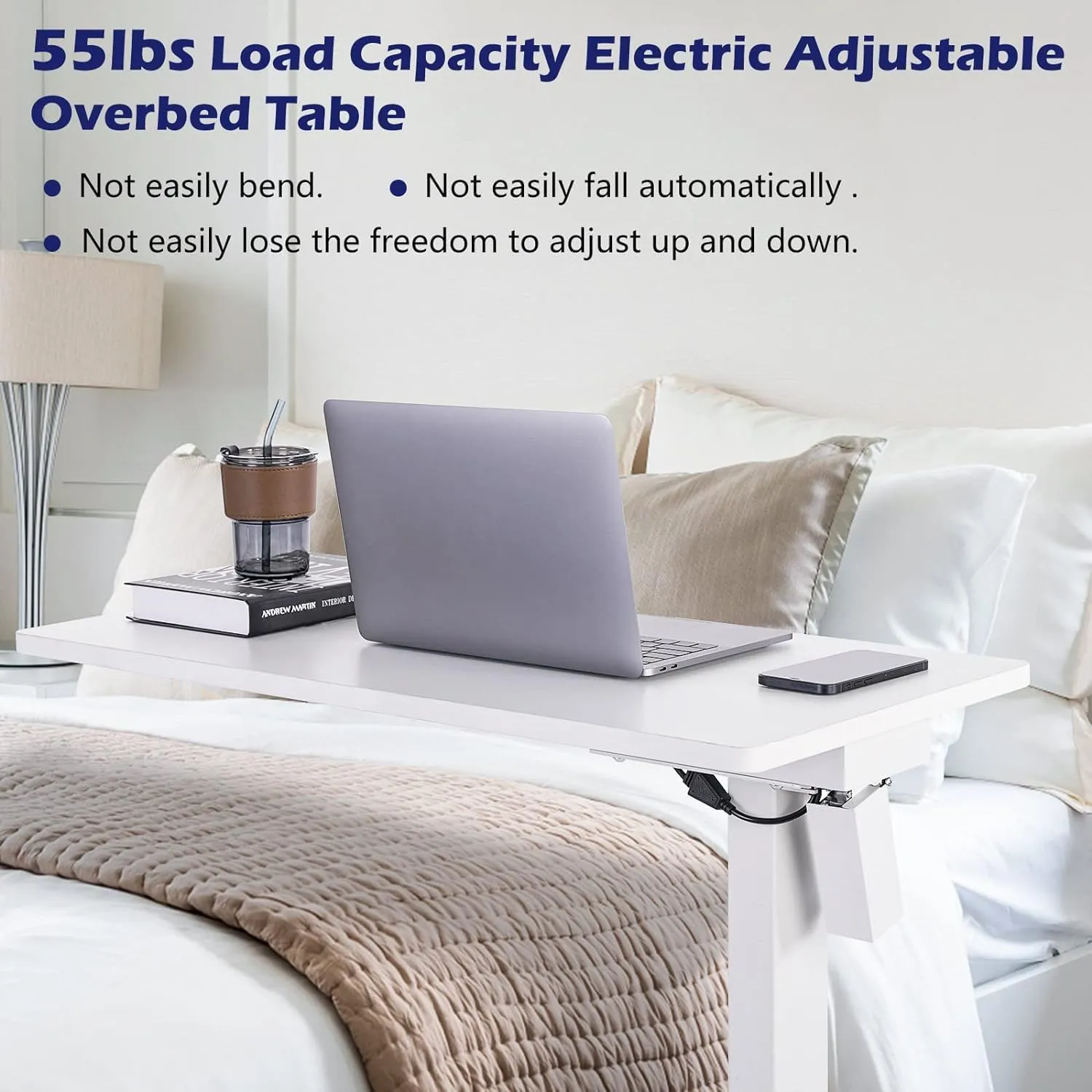 TOPSKY Electric Height Adjustable Overbed Bedside Table with Wheels for Home Office Use (Rustic Brown   Black Frame)