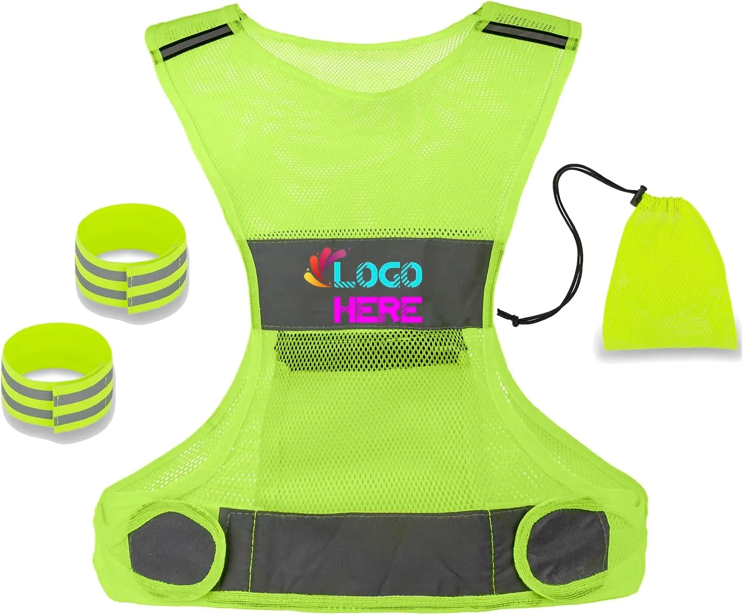 TopTie Custom Add Logo Reflective Vests Running Gear, High Visibility Safe Vest with 2 Reflective Bands and 1 Bag