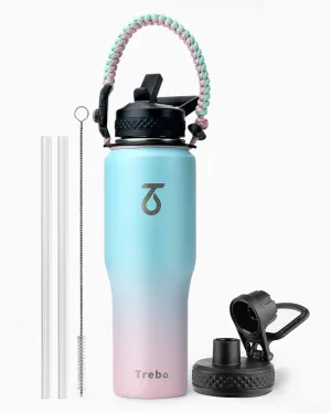 Trebo 32oz Insulated Water Bottle that Fits in Cup Holder, Stainless Steel Triple Wall Tumbler Flask Bottles with Paracord Handle, with Straw Spout Lids, Keep Cold for 48 Hrs/Hot 24 Hrs,Bubble Gum