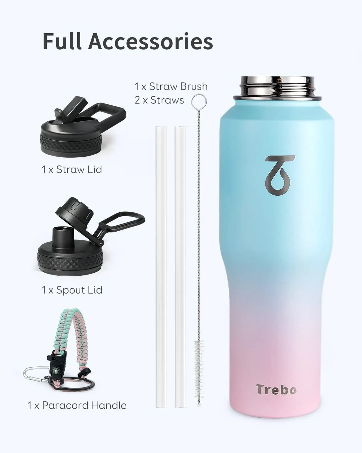 Trebo 32oz Insulated Water Bottle that Fits in Cup Holder, Stainless Steel Triple Wall Tumbler Flask Bottles with Paracord Handle, with Straw Spout Lids, Keep Cold for 48 Hrs/Hot 24 Hrs,Bubble Gum