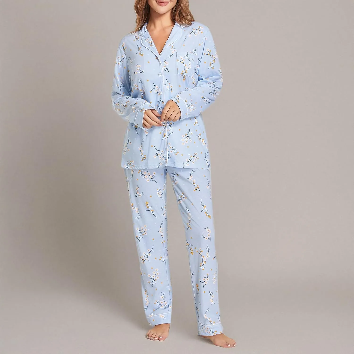 Tugege Pajamas Set Long Sleeve Sleepwear Womens Button Down Nightwear Pj Sets
