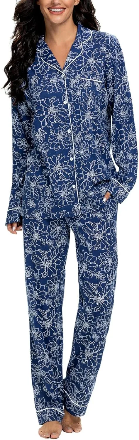 Tugege Pajamas Set Long Sleeve Sleepwear Womens Button Down Nightwear Pj Sets