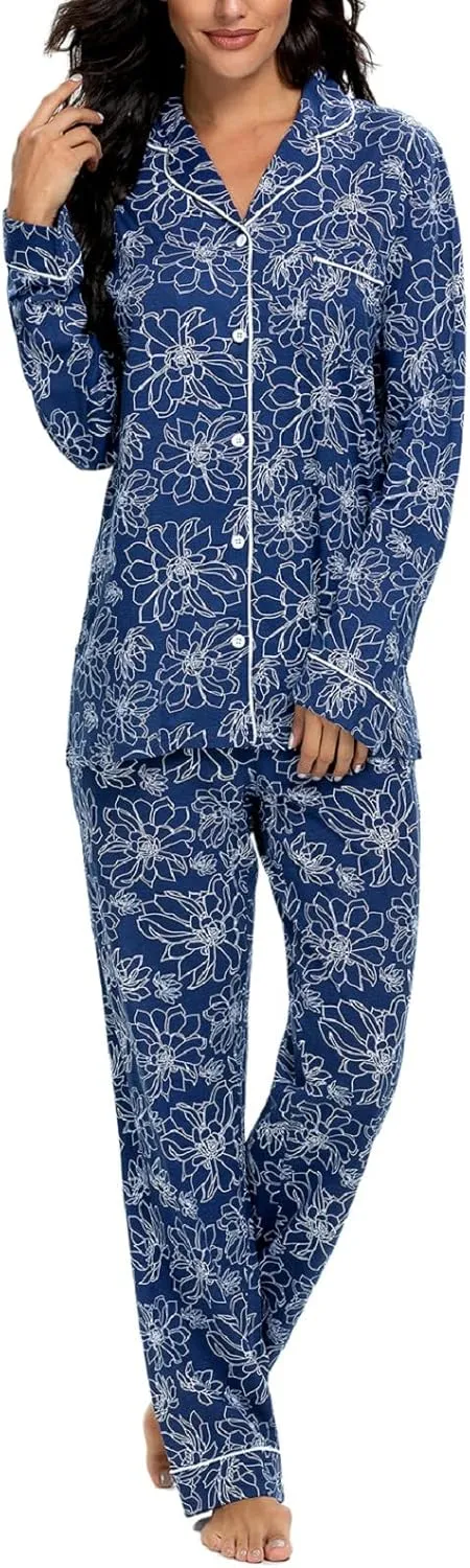 Tugege Pajamas Set Long Sleeve Sleepwear Womens Button Down Nightwear Pj Sets
