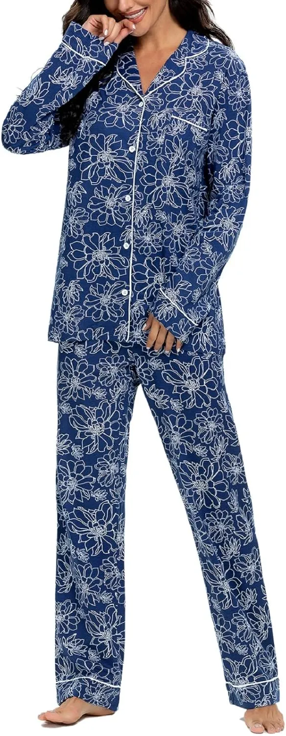 Tugege Pajamas Set Long Sleeve Sleepwear Womens Button Down Nightwear Pj Sets