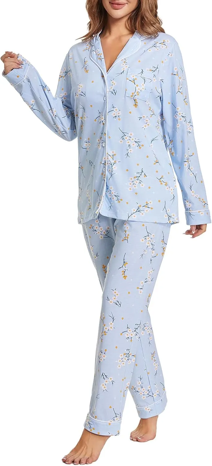 Tugege Pajamas Set Long Sleeve Sleepwear Womens Button Down Nightwear Pj Sets