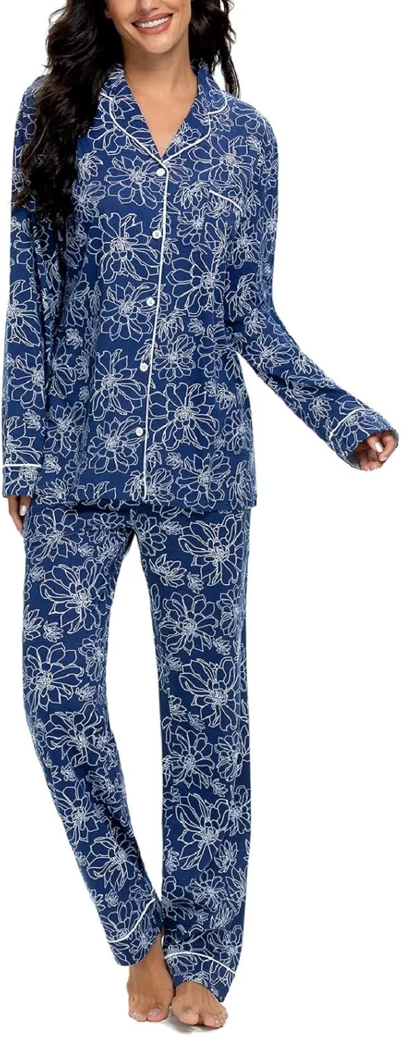 Tugege Pajamas Set Long Sleeve Sleepwear Womens Button Down Nightwear Pj Sets