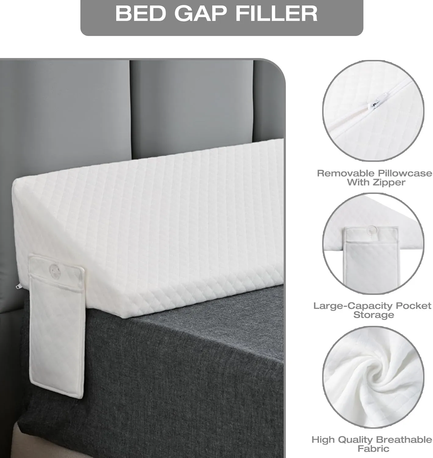Twin Size Bed Wedge Pillow for Headboard Gap Filler (0"-8")Close Gaps Between Mattress and Wall,Frame/Loft Corner College Dorm Bed Essentials,Bedside Space Home Room Decor,Stop Pillow Falling Down