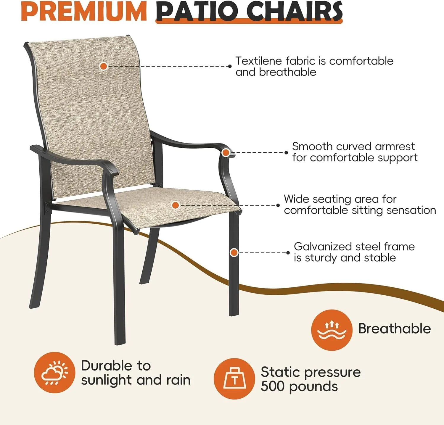 UDPATIO Patio Dining Chairs Set of 6, High Back Wide Seat Outdoor Furniture Chairs with All Weather Breathable Textilene, for Garden Lawn, Brown