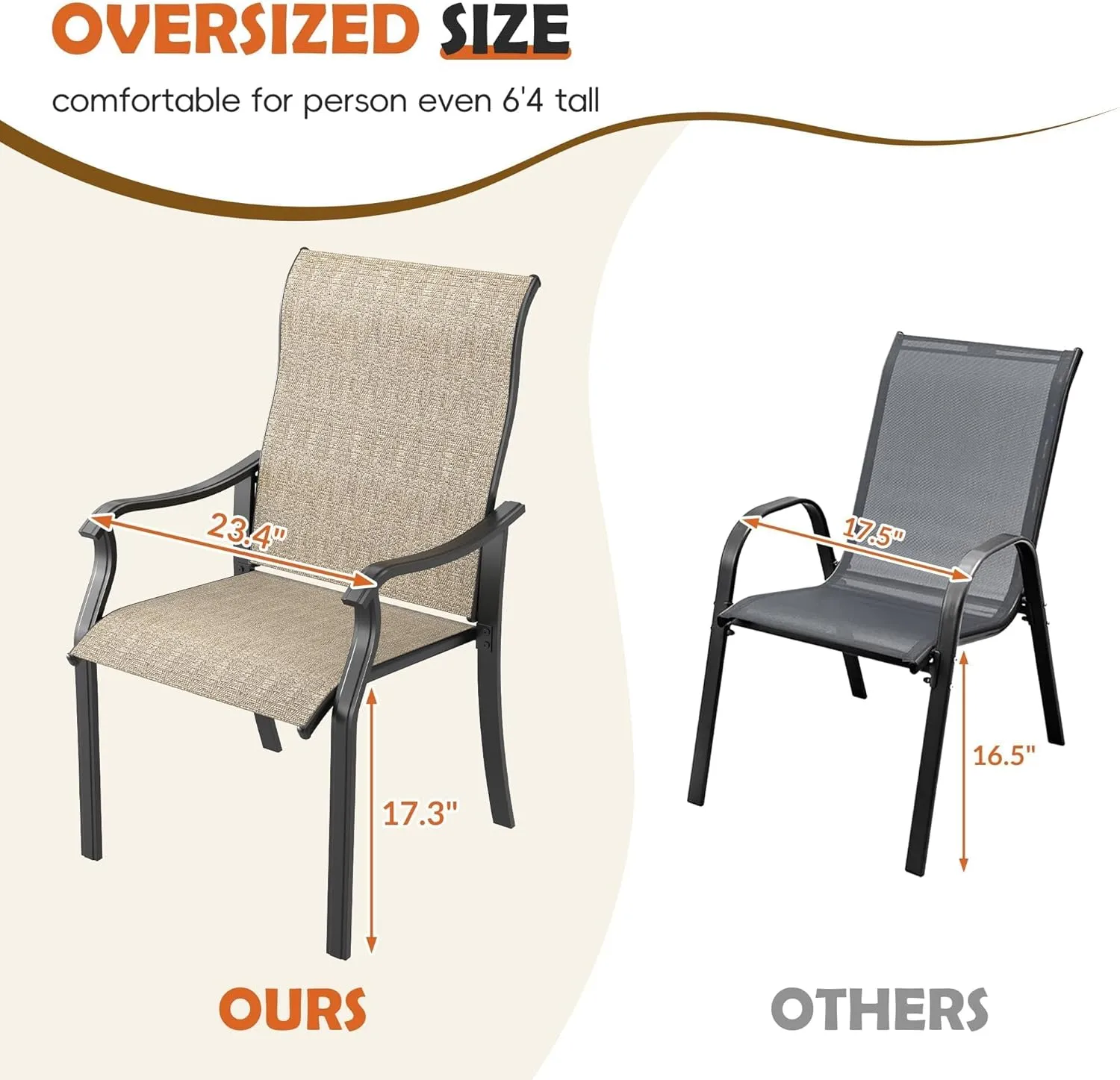 UDPATIO Patio Dining Chairs Set of 6, High Back Wide Seat Outdoor Furniture Chairs with All Weather Breathable Textilene, for Garden Lawn, Brown