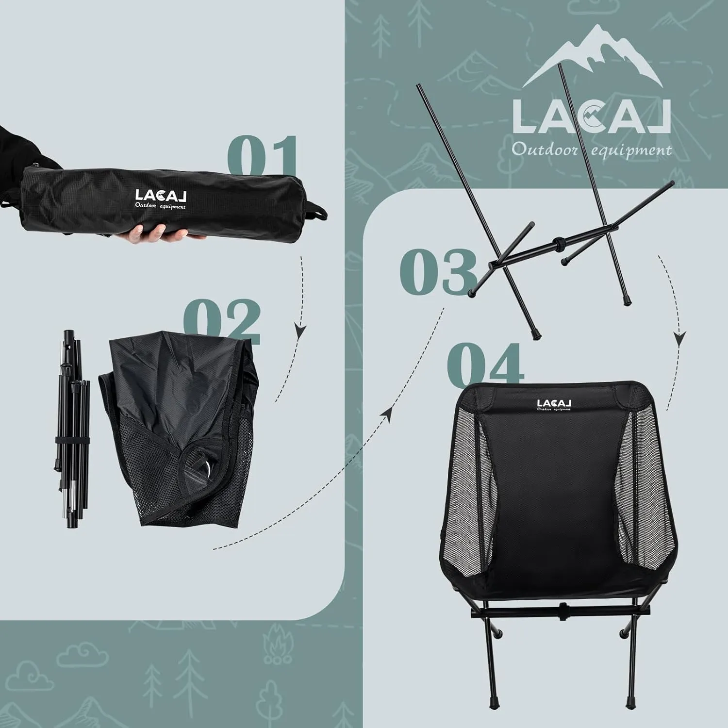 Ultra-Light Folding Camping Chair, All-Aluminum Frame, Surper Breathable Fabric, Easy to Carry, Compact Storage Size (1, Black)
