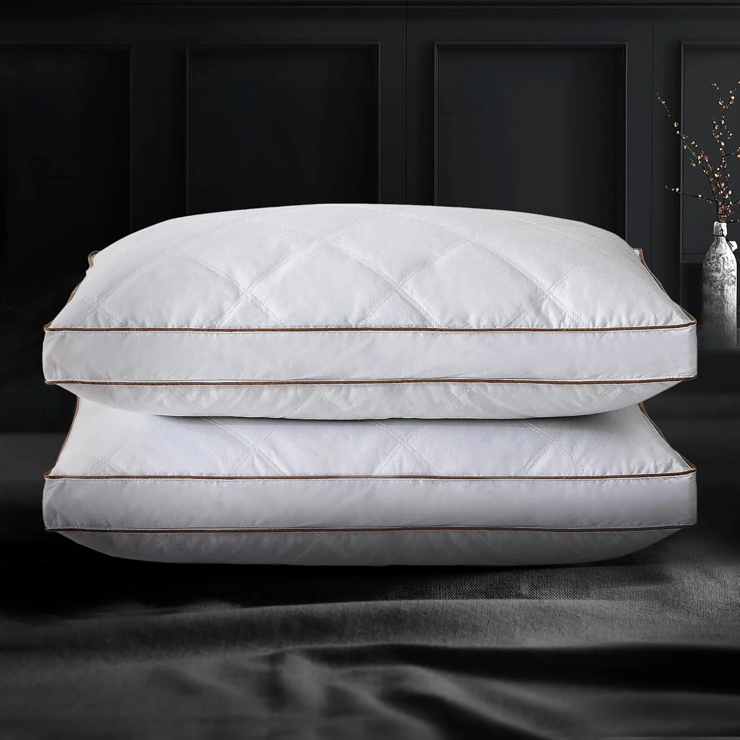 UNIKOME Goose Feathers and Down Pillow, Hotel Collection Gusseted Bed Pillows for Sleeping, 100% Cotton Pillow Cover, Standard Size, Set of 2