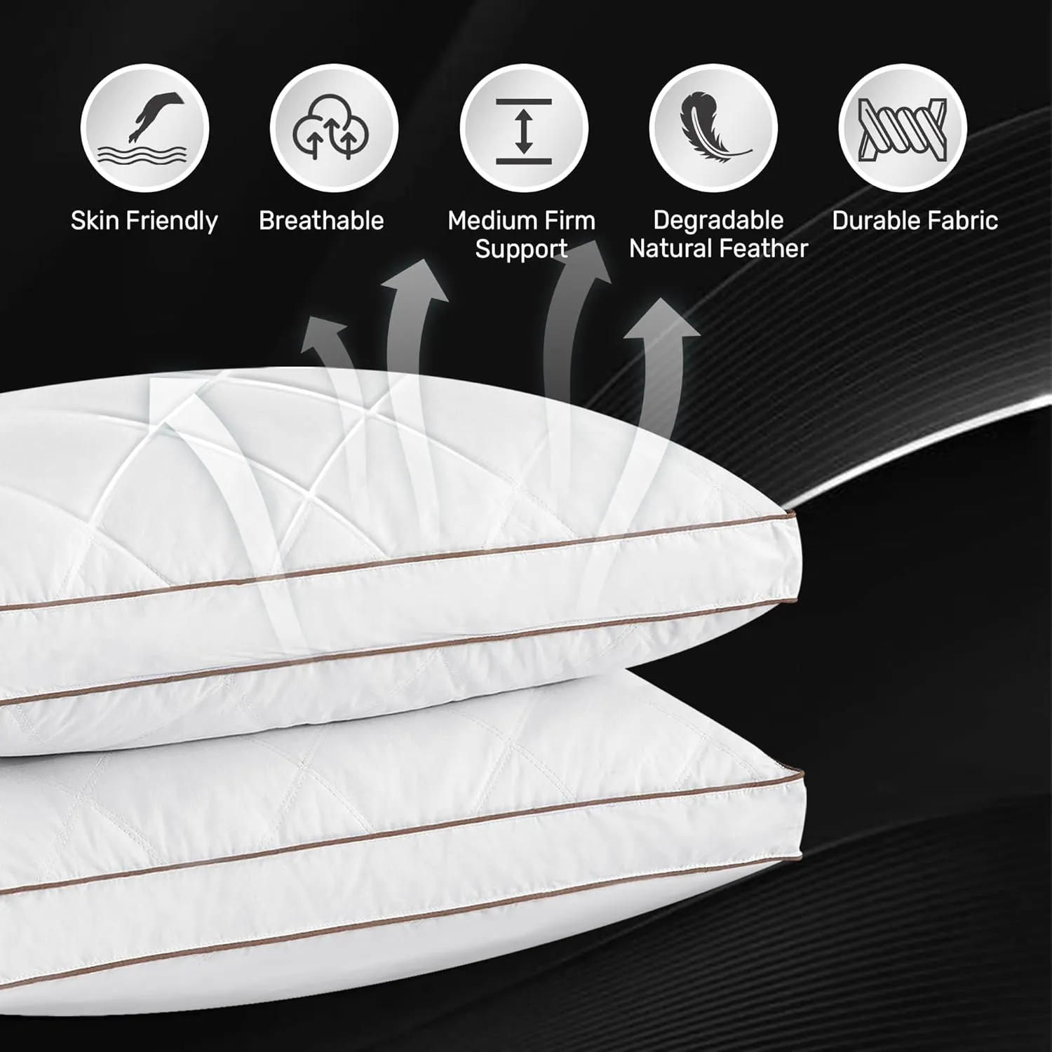 UNIKOME Goose Feathers and Down Pillow, Hotel Collection Gusseted Bed Pillows for Sleeping, 100% Cotton Pillow Cover, Standard Size, Set of 2