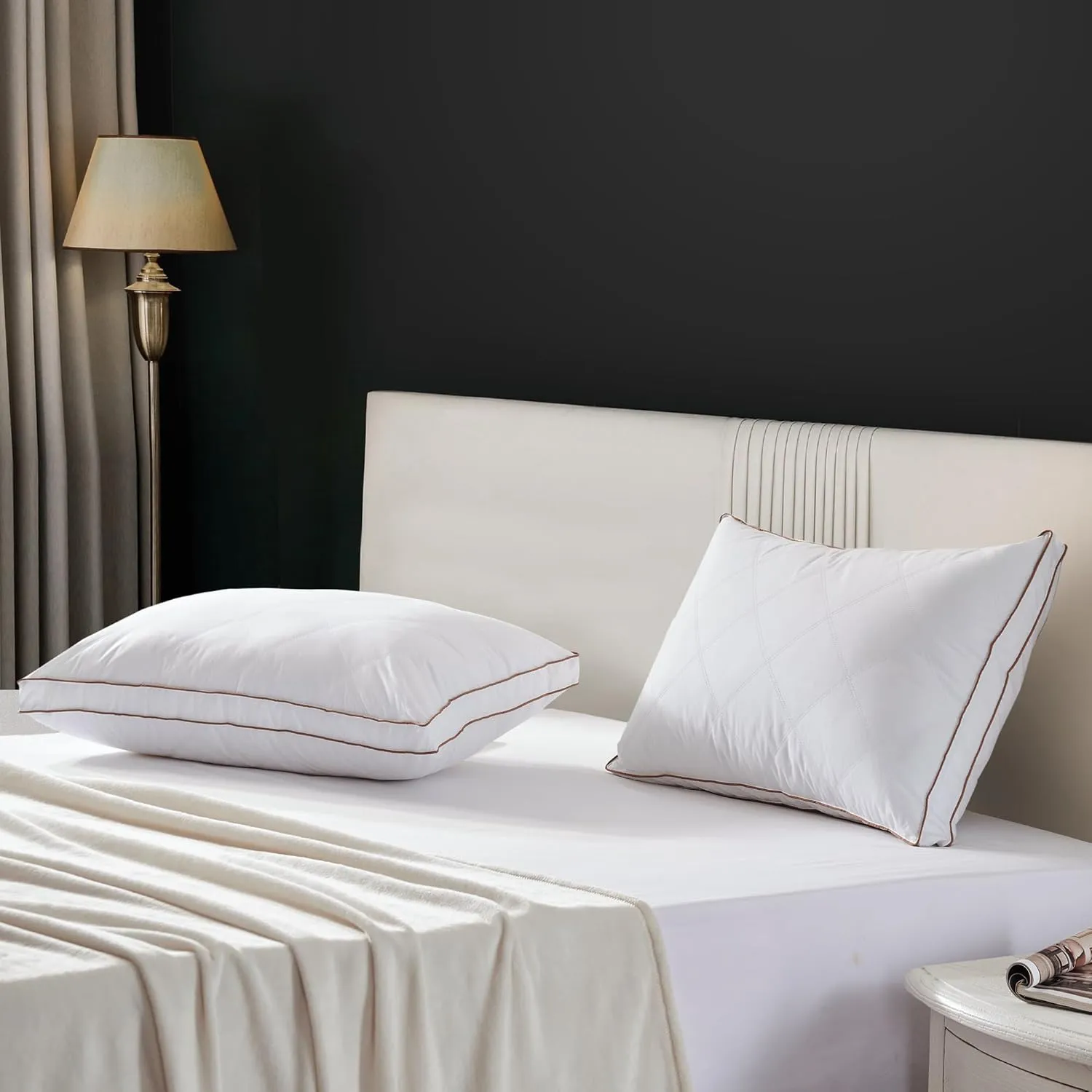 UNIKOME Goose Feathers and Down Pillow, Hotel Collection Gusseted Bed Pillows for Sleeping, 100% Cotton Pillow Cover, Standard Size, Set of 2