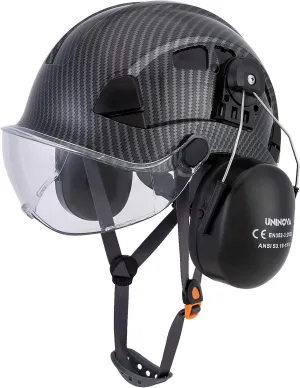 UNINOVA Hard Hat Ear Protection and Visor ANSI Z89.1 Vented ABS Forestry Arborist Tree Climbing Construction Helmet Ear Protection