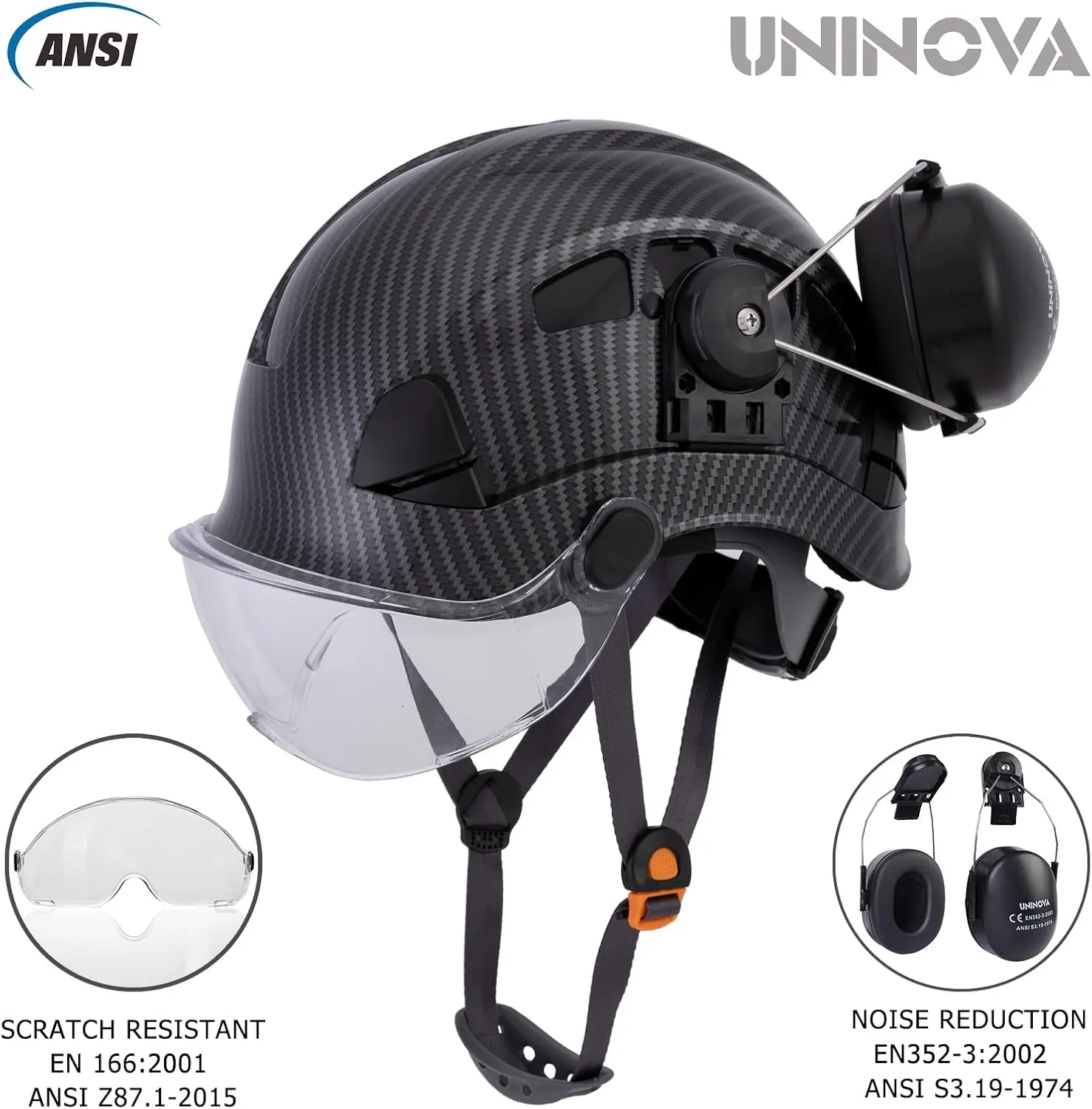UNINOVA Hard Hat Ear Protection and Visor ANSI Z89.1 Vented ABS Forestry Arborist Tree Climbing Construction Helmet Ear Protection