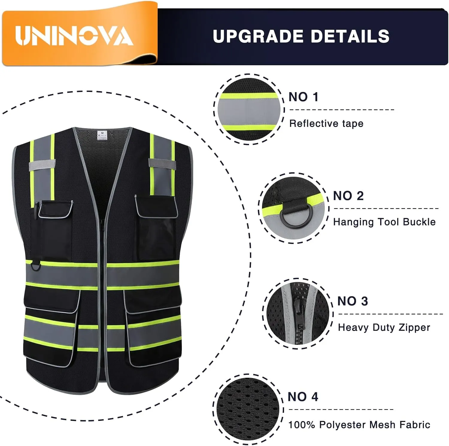 UNINOVA High Visibility Safety Vest - Multi Pockets Reflective Mesh Breathable Workwear, ANSI/ISEA Standards (6X-Large-7X-Large, Black Mesh-02)