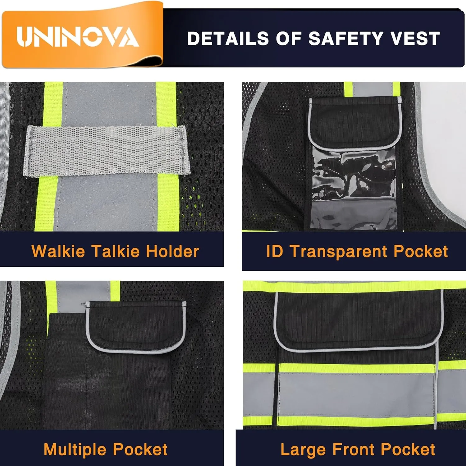 UNINOVA High Visibility Safety Vest - Multi Pockets Reflective Mesh Breathable Workwear, ANSI/ISEA Standards (6X-Large-7X-Large, Black Mesh-02)