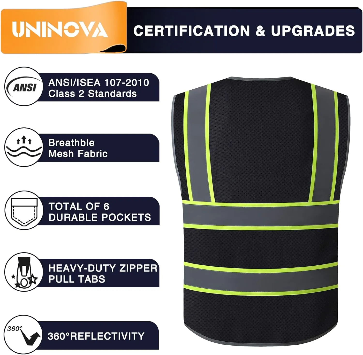 UNINOVA High Visibility Safety Vest - Multi Pockets Reflective Mesh Breathable Workwear, ANSI/ISEA Standards (6X-Large-7X-Large, Black Mesh-02)
