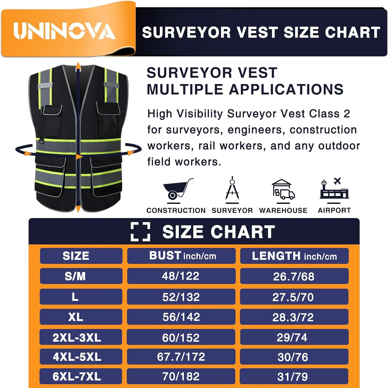 UNINOVA High Visibility Safety Vest - Multi Pockets Reflective Mesh Breathable Workwear, ANSI/ISEA Standards (6X-Large-7X-Large, Black Mesh-02)