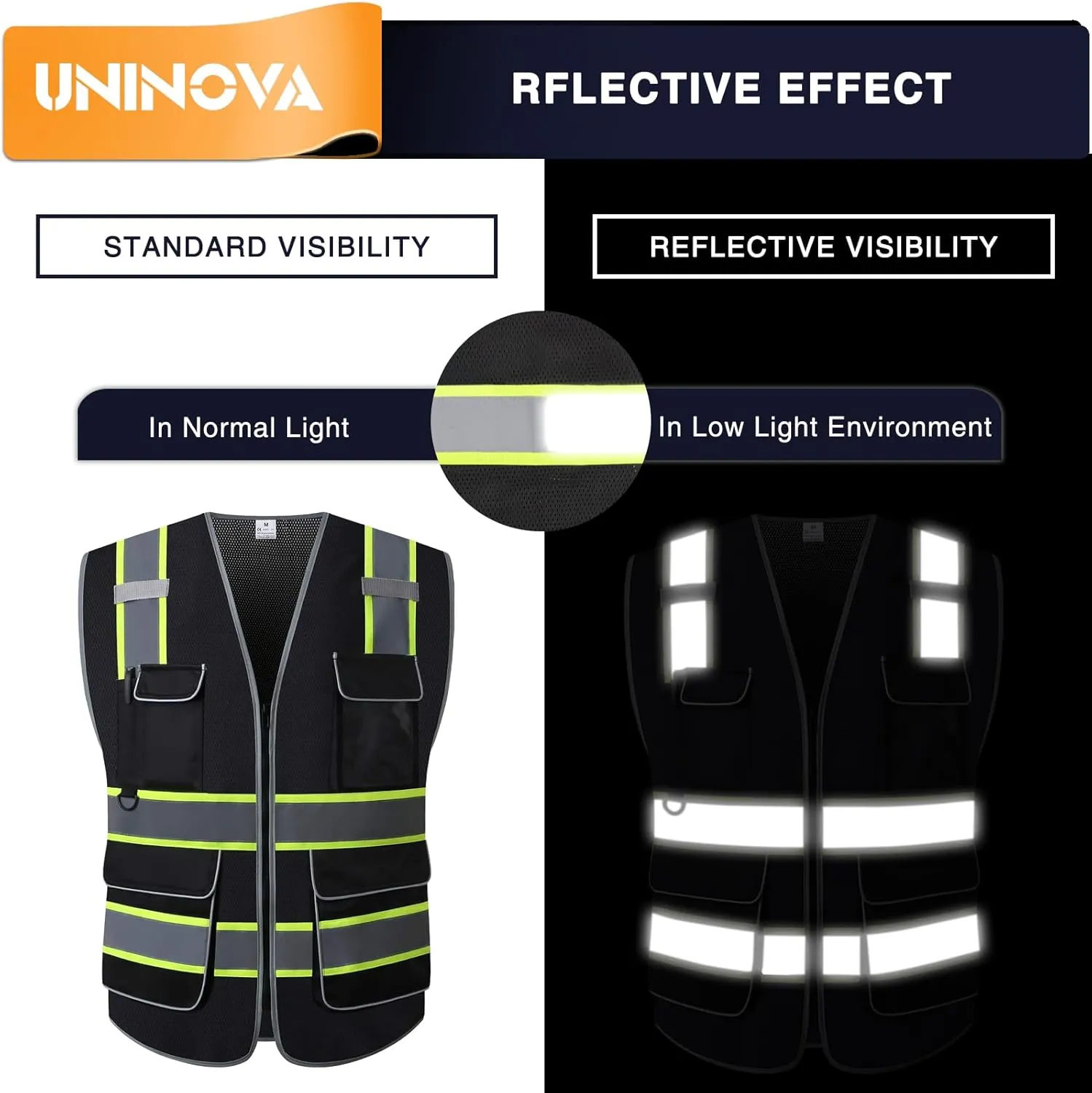 UNINOVA High Visibility Safety Vest - Multi Pockets Reflective Mesh Breathable Workwear, ANSI/ISEA Standards (6X-Large-7X-Large, Black Mesh-02)