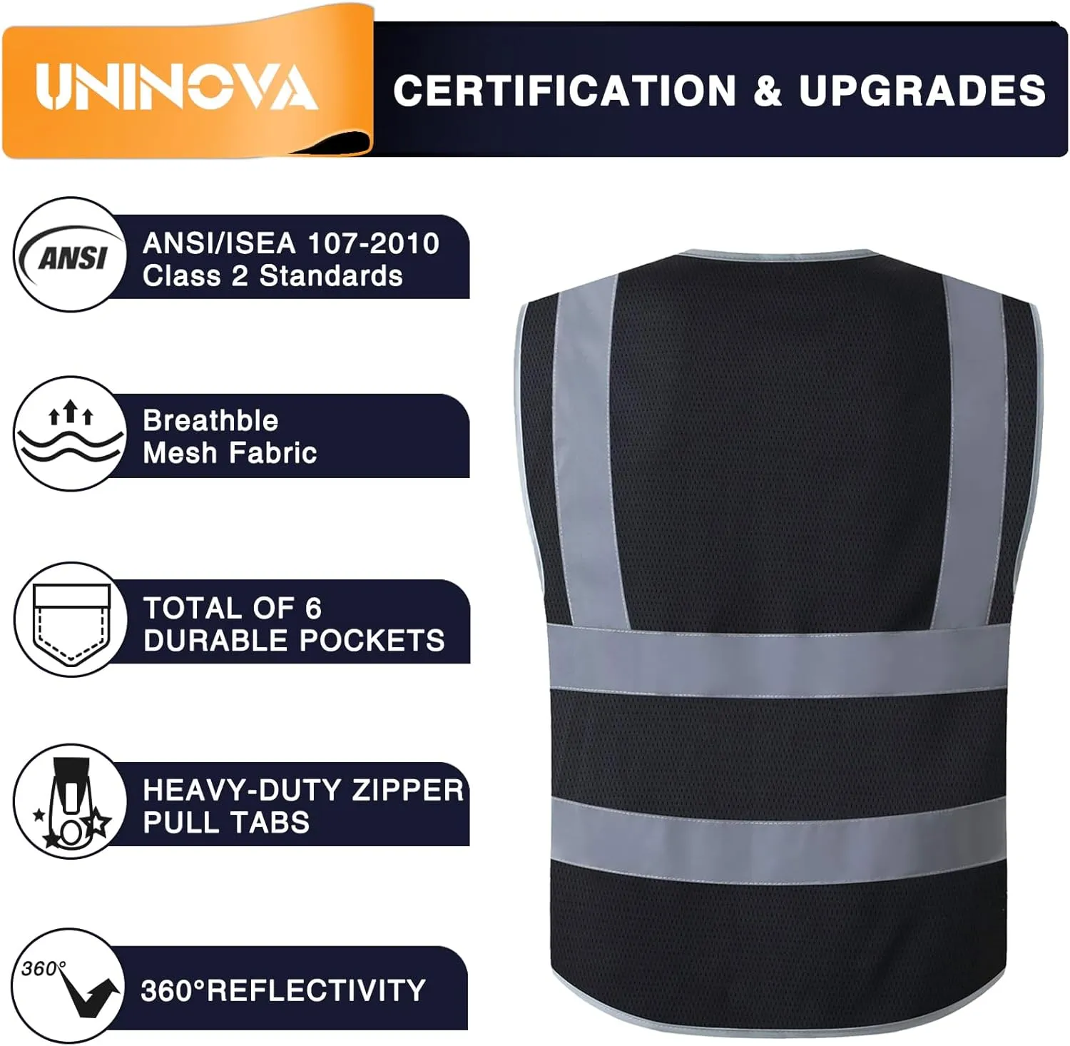 UNINOVA High Visibility Safety Vest - Multi Pockets Reflective Mesh Breathable Workwear, ANSI/ISEA Standards (Large, Black Mesh)