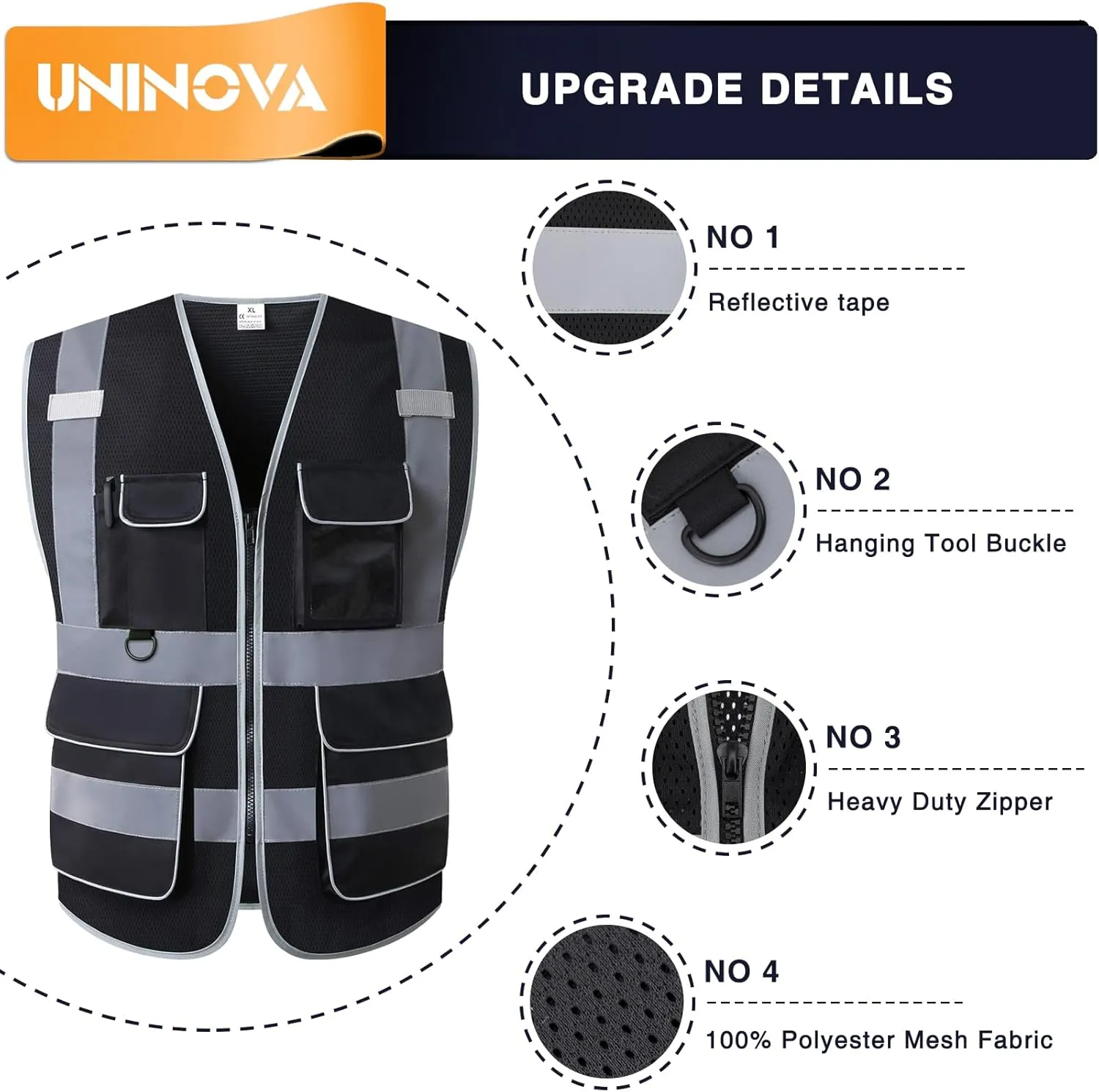 UNINOVA High Visibility Safety Vest - Multi Pockets Reflective Mesh Breathable Workwear, ANSI/ISEA Standards (Large, Black Mesh)