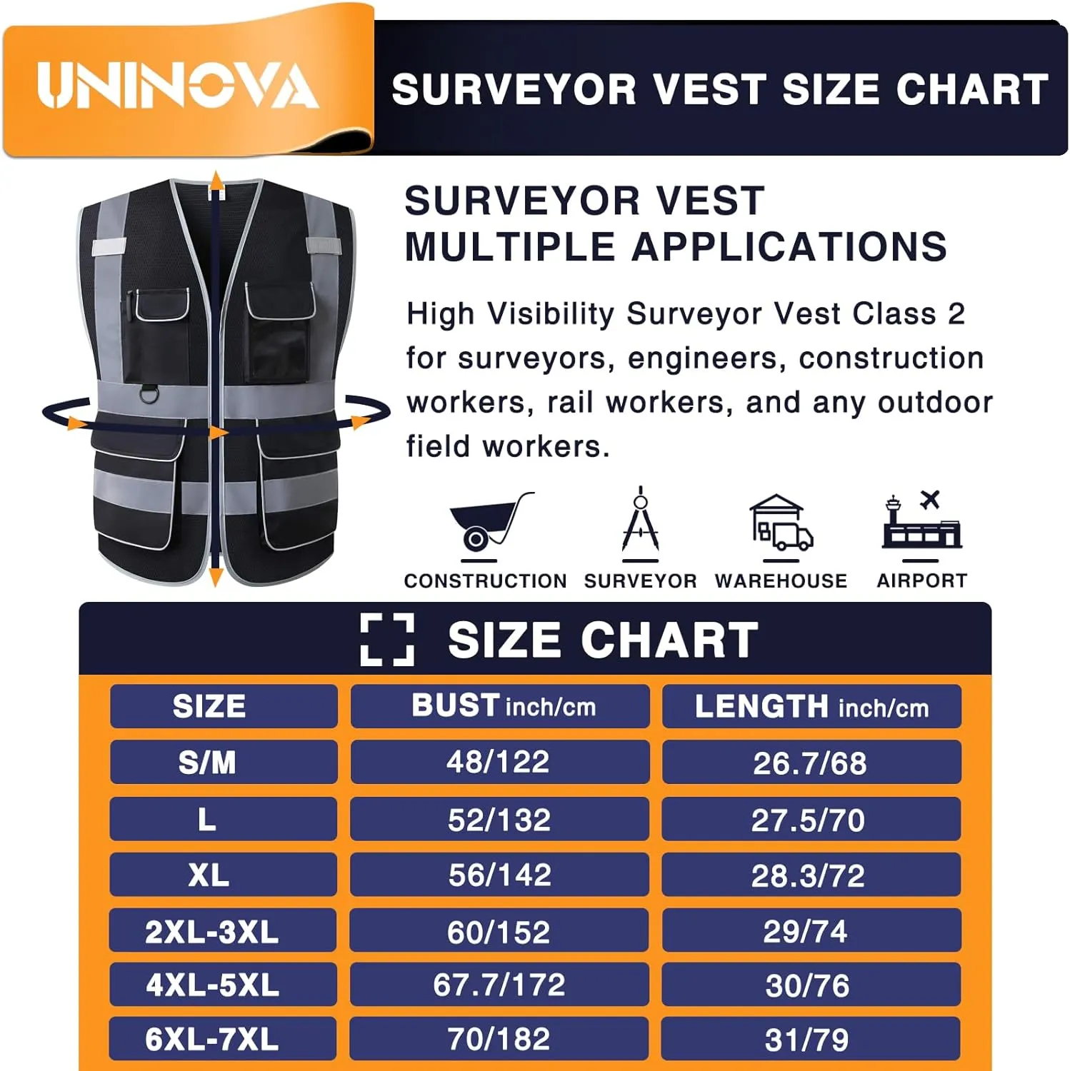 UNINOVA High Visibility Safety Vest - Multi Pockets Reflective Mesh Breathable Workwear, ANSI/ISEA Standards (Large, Black Mesh)