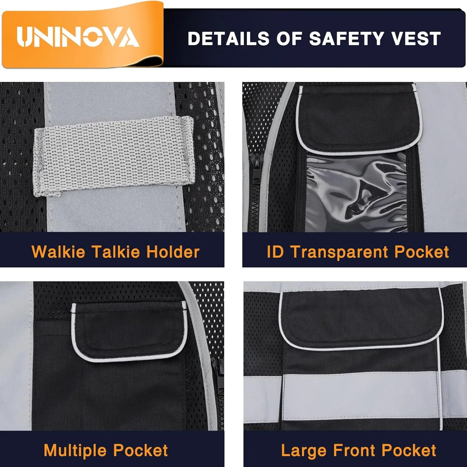 UNINOVA High Visibility Safety Vest - Multi Pockets Reflective Mesh Breathable Workwear, ANSI/ISEA Standards (Large, Black Mesh)