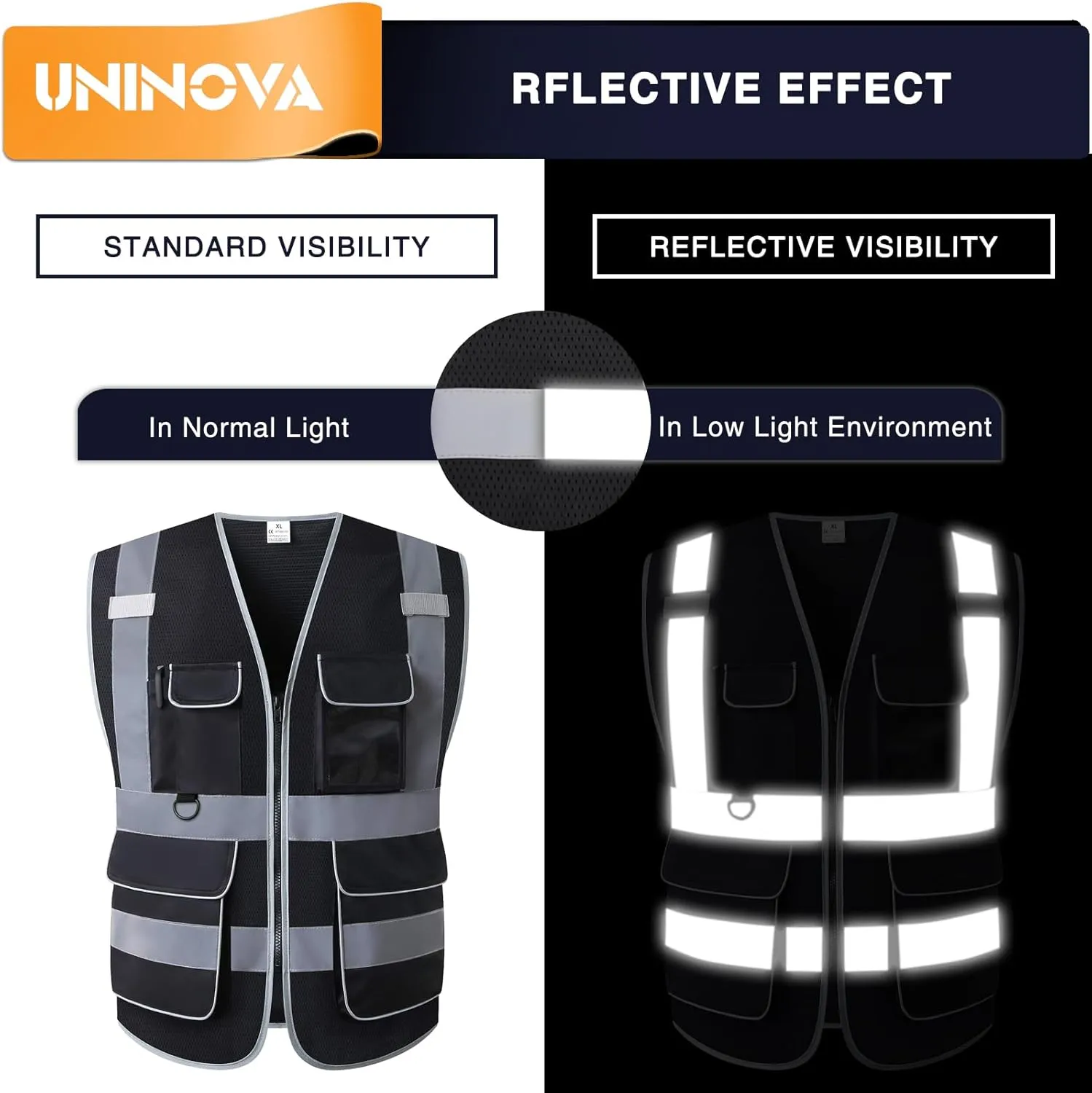 UNINOVA High Visibility Safety Vest - Multi Pockets Reflective Mesh Breathable Workwear, ANSI/ISEA Standards (Large, Black Mesh)