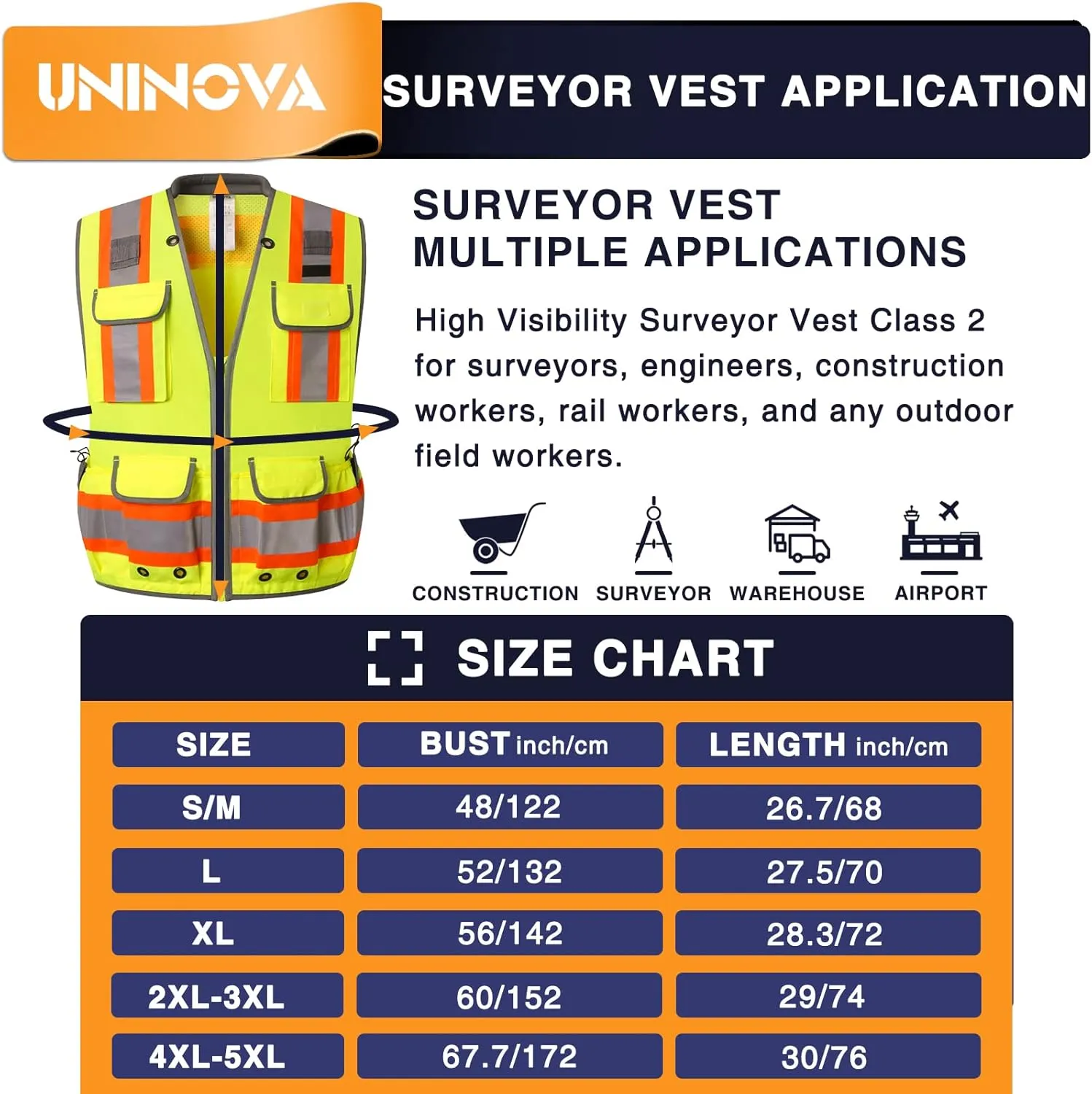 UNINOVA Surveyor Safety Vest Reflective for Men,Class 2 Heavy Duty Safety Vests Reflective with Pockets and Zipper