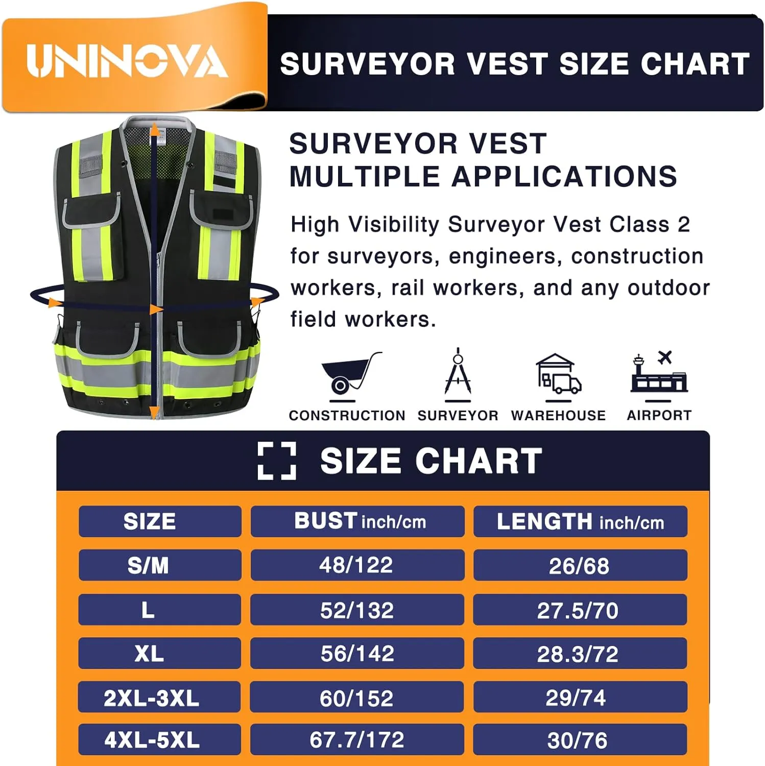 UNINOVA Surveyor Safety Vest Reflective for Men,Class 2 Heavy Duty Safety Vests Reflective with Pockets and Zipper