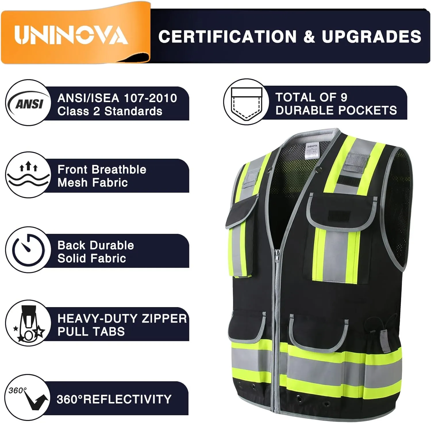 UNINOVA Surveyor Safety Vest Reflective for Men,Class 2 Heavy Duty Safety Vests Reflective with Pockets and Zipper
