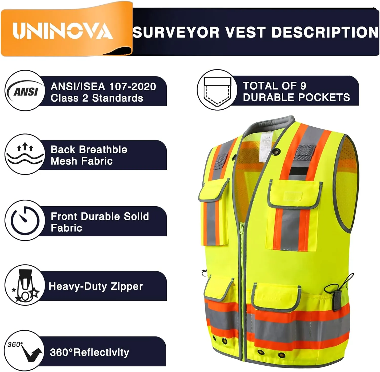 UNINOVA Surveyor Safety Vest Reflective for Men,Class 2 Heavy Duty Safety Vests Reflective with Pockets and Zipper