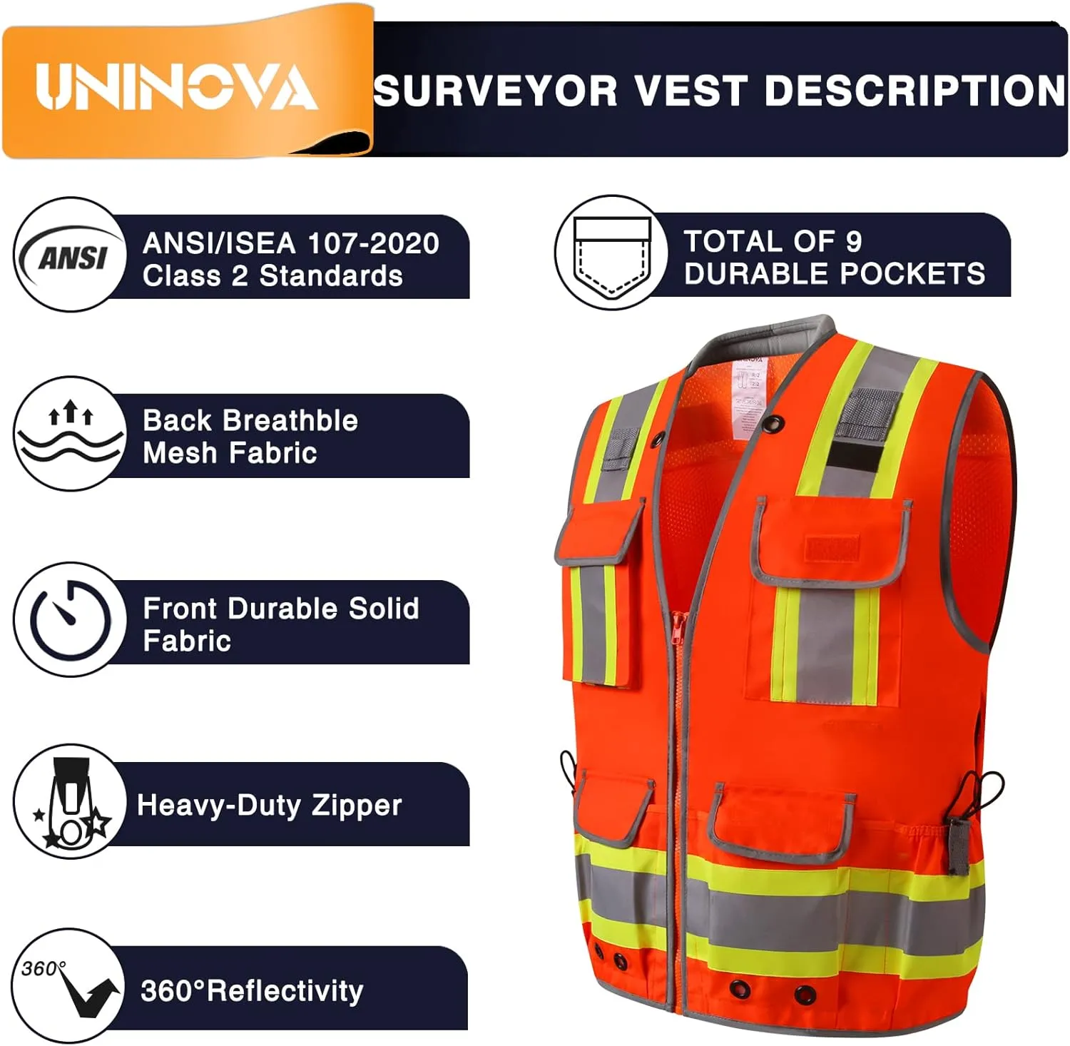 UNINOVA Surveyor Safety Vest Reflective for Men,Class 2 Heavy Duty Safety Vests Reflective with Pockets and Zipper