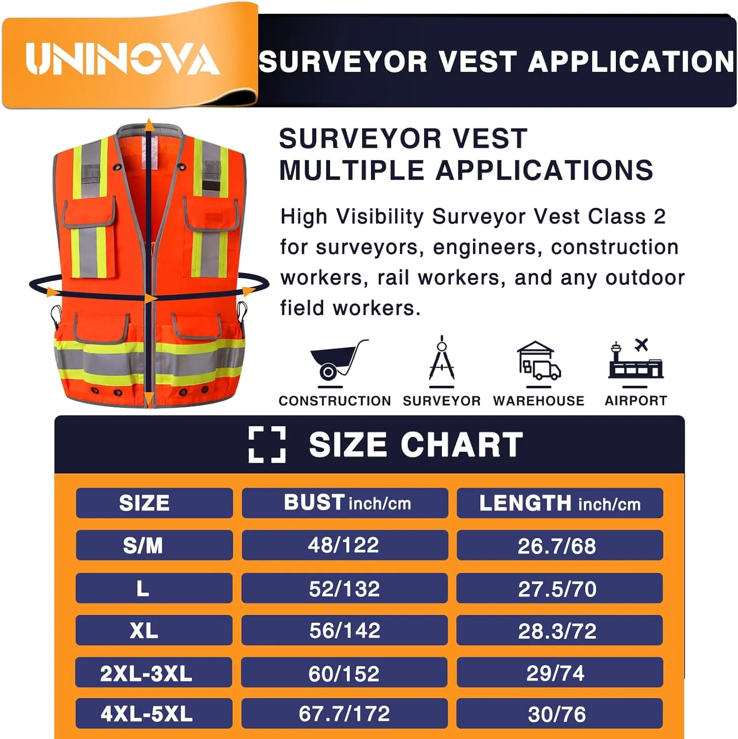 UNINOVA Surveyor Safety Vest Reflective for Men,Class 2 Heavy Duty Safety Vests Reflective with Pockets and Zipper
