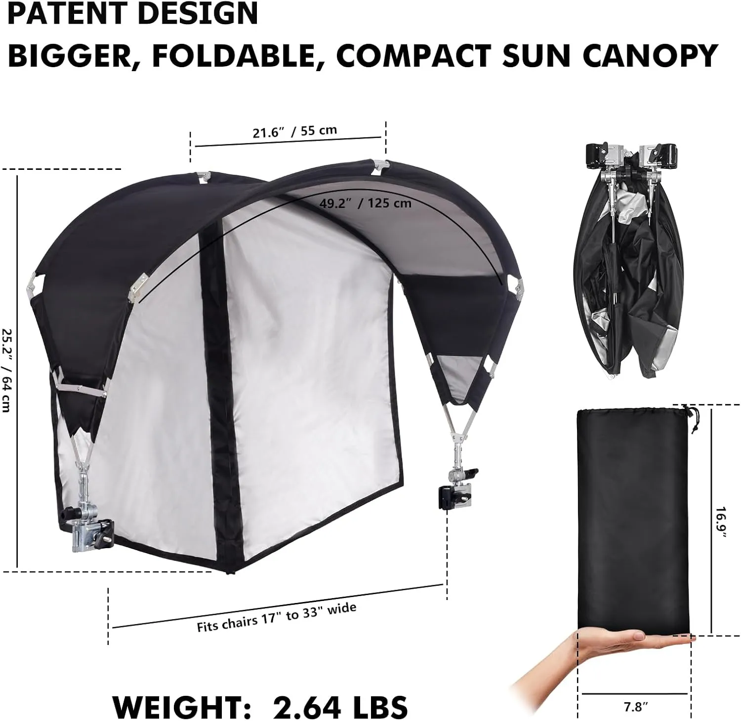 Universal Umbrella - UPF 50  Sun Shade, Adjustable Clamp Clip, Beach, Wagon, Zero Gravity, Sports & Lawn Chair (Patent Design)