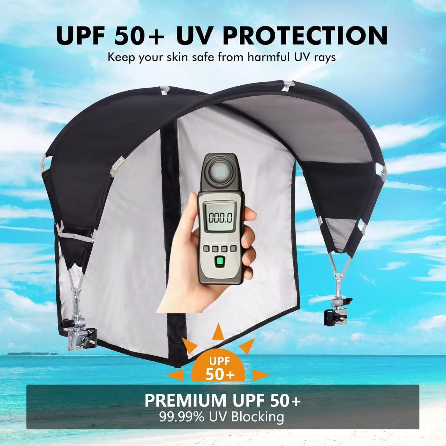Universal Umbrella - UPF 50  Sun Shade, Adjustable Clamp Clip, Beach, Wagon, Zero Gravity, Sports & Lawn Chair (Patent Design)
