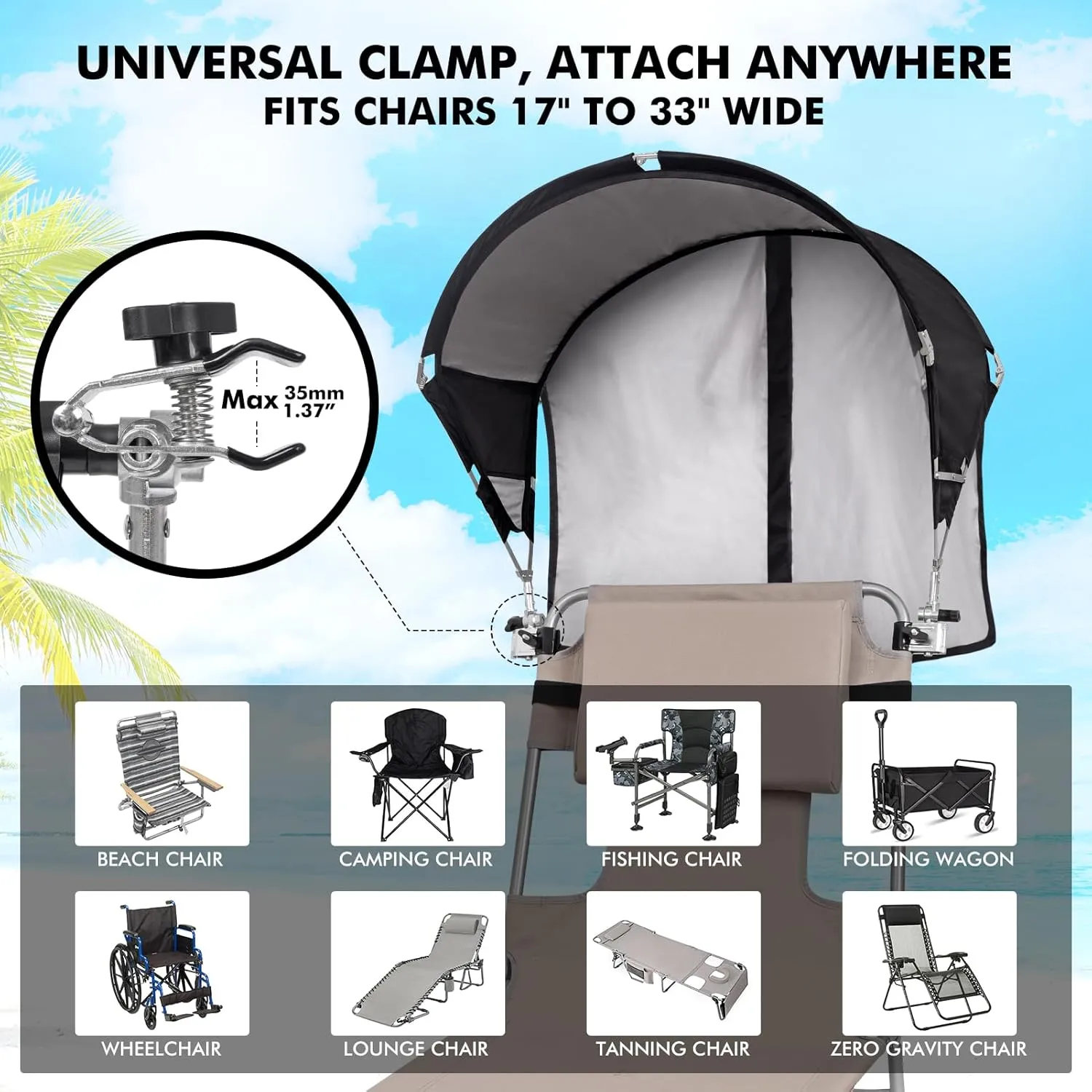 Universal Umbrella - UPF 50  Sun Shade, Adjustable Clamp Clip, Beach, Wagon, Zero Gravity, Sports & Lawn Chair (Patent Design)