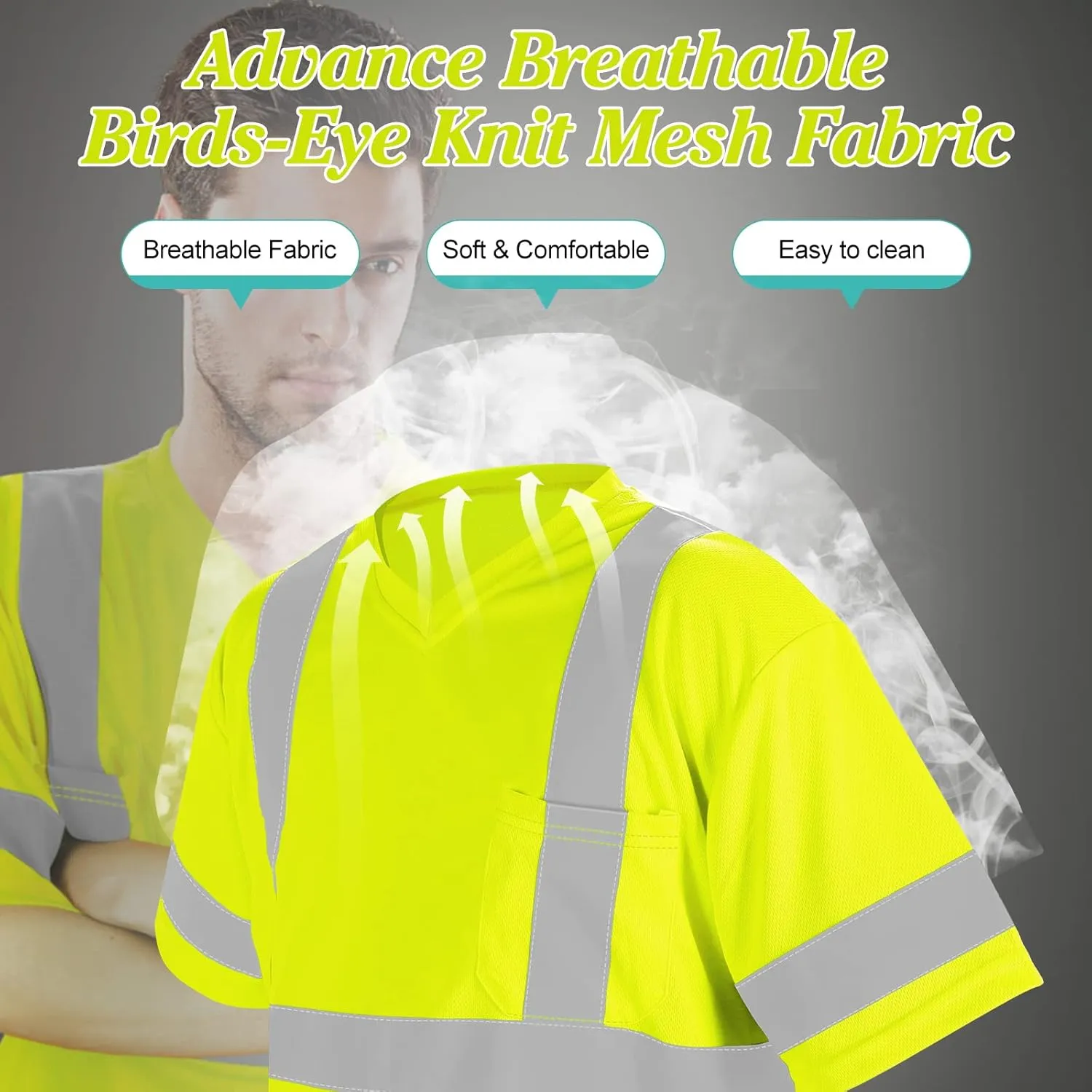 V-Neck Reflective Construction Shirts Class 3 for Men with Pocket Breathable Fluorescent Yellow & Orange