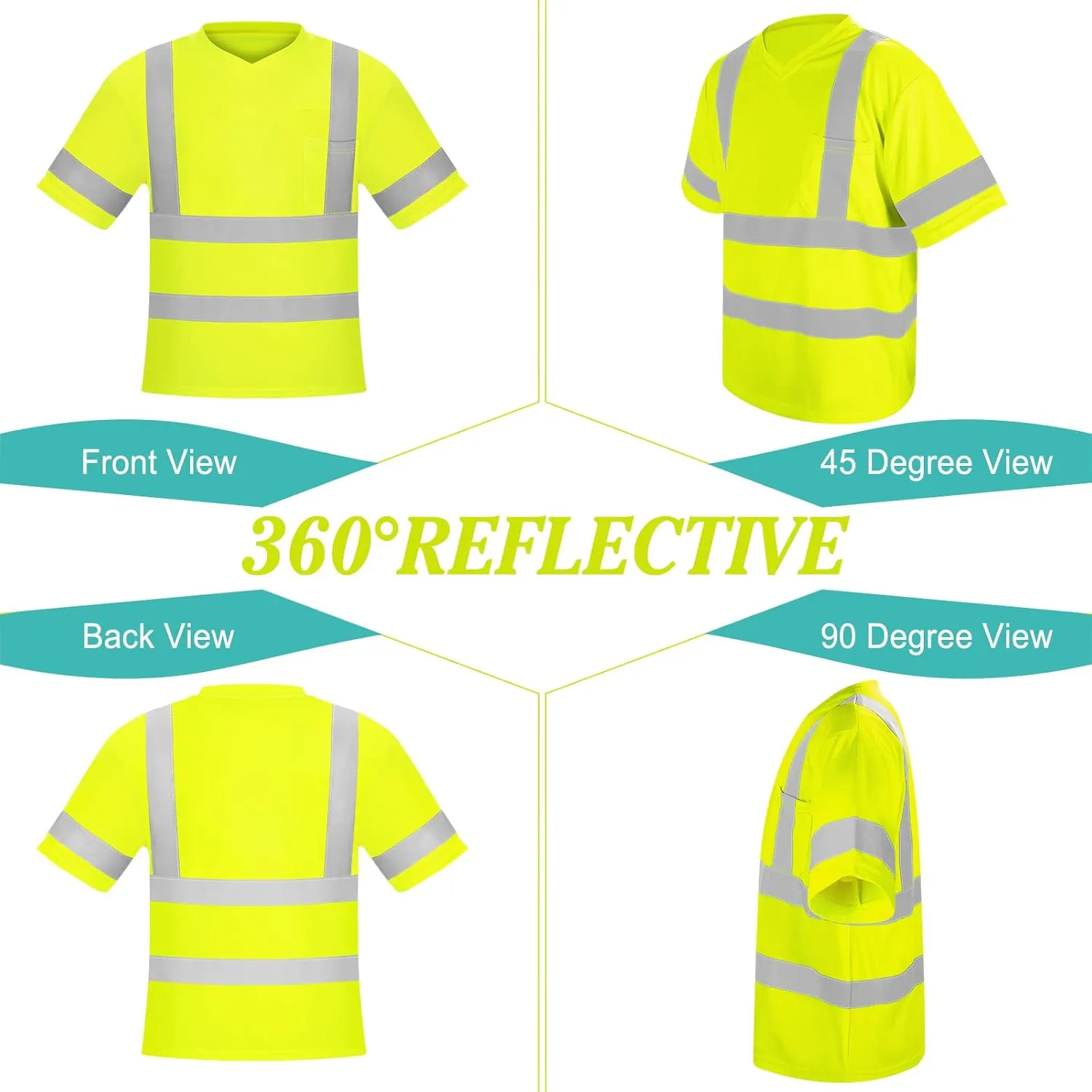 V-Neck Reflective Construction Shirts Class 3 for Men with Pocket Breathable Fluorescent Yellow & Orange