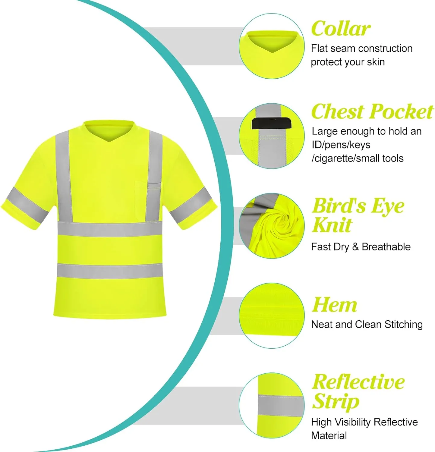 V-Neck Reflective Construction Shirts Class 3 for Men with Pocket Breathable Fluorescent Yellow & Orange