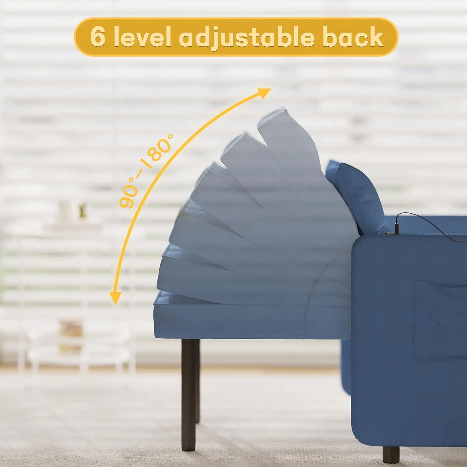 Vabches Seersucker Sofa Bed Chair with Wing Table and USB Ports Outlet, 3-in-1 Sofa Chair Bed Couches with Two Pillows, Futon Sleeper Chair with Adjustable Backrest, Easy Assembly, Blue