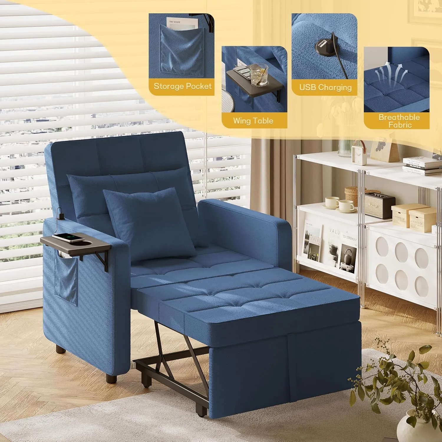 Vabches Seersucker Sofa Bed Chair with Wing Table and USB Ports Outlet, 3-in-1 Sofa Chair Bed Couches with Two Pillows, Futon Sleeper Chair with Adjustable Backrest, Easy Assembly, Blue